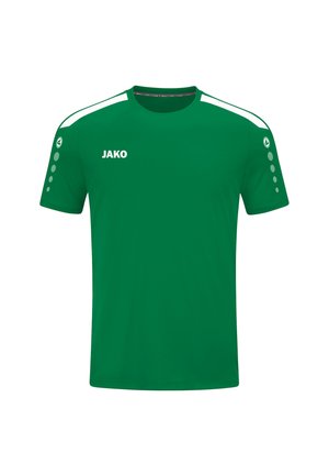 Groene sportshirt met korte mouwen en witte schouderstrepen, ronde hals en een wit "JAKO" logo. Heeft kleine decoratieve stippen op de mouwen.