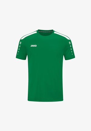 Groene sportshirt met korte mouwen en witte schouderstrepen, ronde hals en een wit "JAKO" logo. Heeft kleine decoratieve stippen op de mouwen.