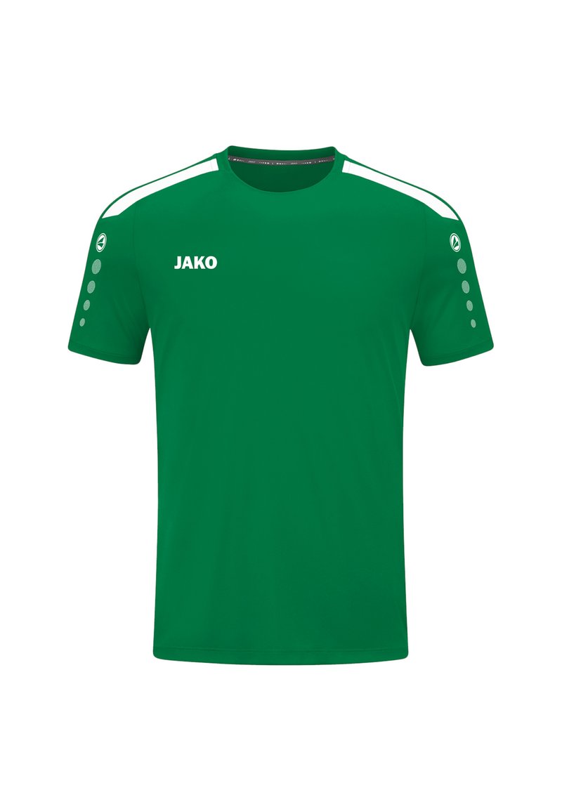 Maglietta sportiva verde a maniche corte con strisce bianche sulle spalle, collo rotondo e logo "JAKO" in bianco. Presenta piccoli punti decorativi sulle maniche.