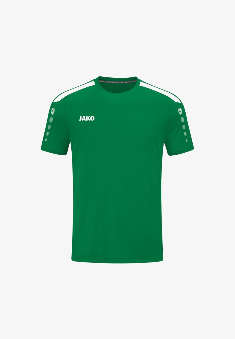Maglietta sportiva verde a maniche corte con strisce bianche sulle spalle, collo rotondo e logo "JAKO" in bianco. Presenta piccoli punti decorativi sulle maniche.