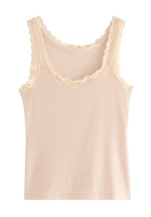 Ærmeløs lyserød camisole top med bølget blonderblomstret kant rundt halsudskæring og ærmegab.