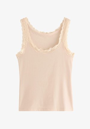 Ærmeløs lyserød camisole top med bølget blonderblomstret kant rundt halsudskæring og ærmegab.