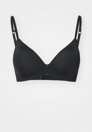 Schwarzer kabelloser BH mit glatter Textur, dreieckiger Form, verstellbaren Trägern und einem Haken- und Ösenverschluss im Rücken.