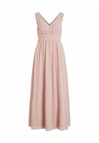 Robe maxi en rose doux, avec un décolleté en V, un corsage froncé et une taille cintrée. Le matériau semble léger et fluide, sans motifs.
