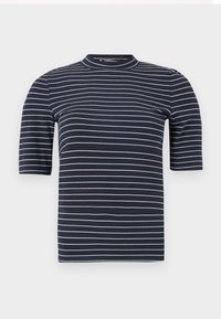 Tricou bleumarin cu mânecă scurtă, cu dungi albe orizontale, având un guler înalt și o textură netedă, ajustată.
