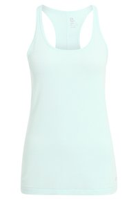 Débardeur de sport bleu clair, sans manches, dos nageur, avec encolure ronde et petit logo près de l'ourlet inférieur.