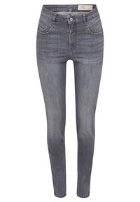 Smal jeans i mörkgrå denim. Funktioner inkluderar midja i normal höjd, fem fickor, kontrasterande sömmar och en slät struktur.