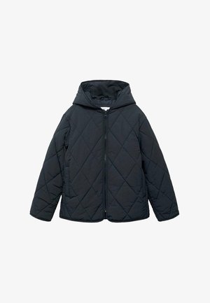 Giacca a vento trapuntata nera con cappuccio, chiusura frontale a zip e cuciture a forma di diamante. Presenta una texture morbida e una vestibilità ampia.