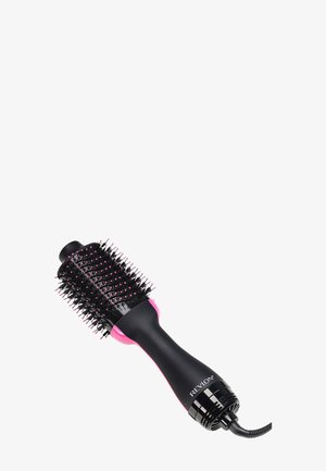 Revlon zwarte en roze elektrische hete luchtborstel met ronde borstelkop en netsnoer voor het stylen van haar.