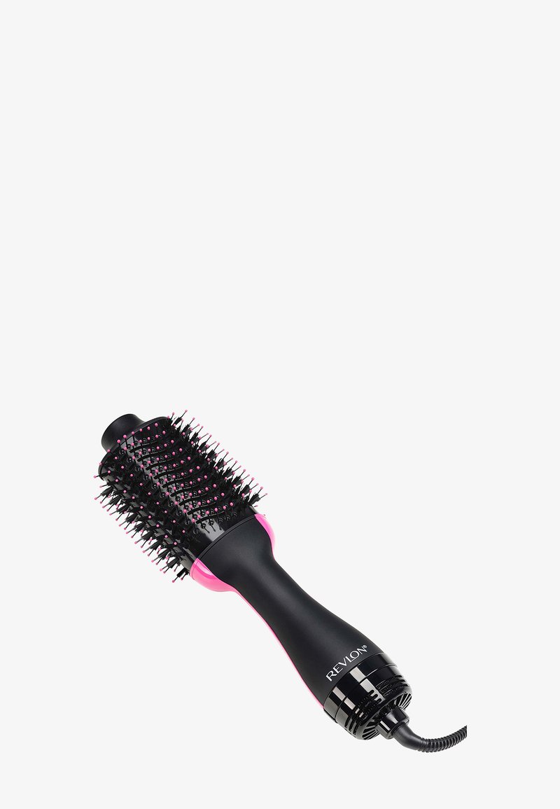 Revlonin musta ja pinkki sähkökäyttöinen kuumailmasuulake pyöreällä harjaspäällä ja virtajohdolla hiusten muotoiluun.