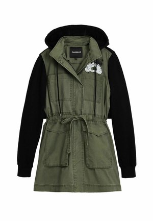 Olive green jacket with black sleeves, drawstring waist, double pockets, and a hood. Features a white graphic on the chest.