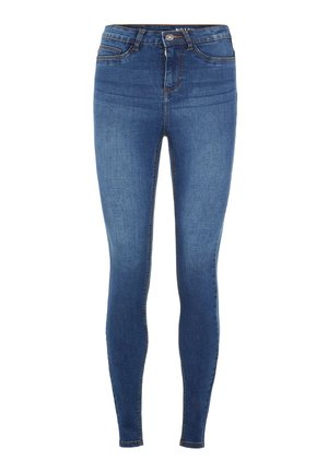 Úzké džíny ze středně modrého denimu s klasickým designem pěti kapes, jemným patinováním a zapínáním na zip. Hladká struktura a střih.