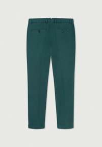 Pantalon vert à coupe droite, en coton, doté de deux poches arrière avec boutons et d'une ceinture élastique.