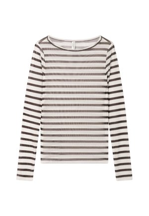 Long-sleeve shirt made of lightweight, sheer fabric featuring horizontal black and white stripes and a round neckline.