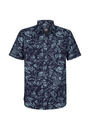 Korte mouwen overhemd met knopen, donker marineblauw met een lichtblauw tropisch bladerenpatroon, de stof heeft een gladde textuur en is voorzien van een klassieke kraag en knopen.