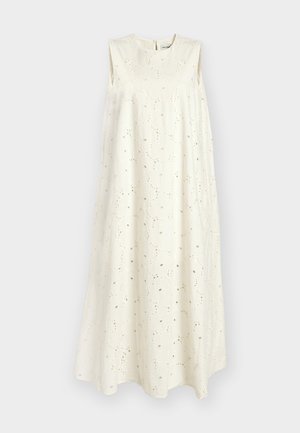 Ujjatlan fehér maxi ruha kerek nyakkivágással és kis lyukacsos hímzési mintával, A-vonalú sziluett, hátul cipzárral.
