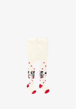 Białe pończochy z czerwonymi akcentami, z zabawnym wzorem postaci i serduszek na nogach, wykonane z miękkiego, elastycznego materiału.