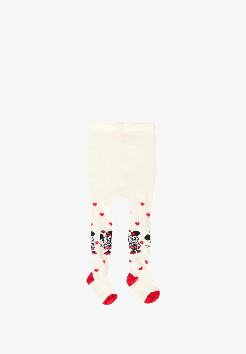 Białe pończochy z czerwonymi akcentami, z zabawnym wzorem postaci i serduszek na nogach, wykonane z miękkiego, elastycznego materiału.