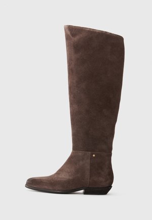 Botte en daim marron, montante jusqu'au genou, avec un léger bout effilé, un talon bas, une texture lisse et une accent doré près de la cheville.