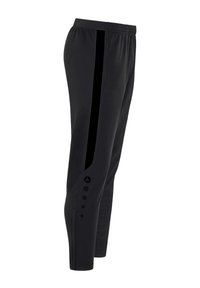 Schwarze Sporthose aus synthetischem Material, mit seitlichem Streifen, Knöpfen am Saum und einem elastischen Bund.