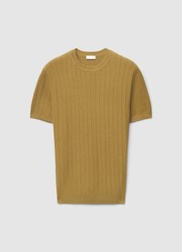 Mustard-colored short-sleeve knit sweater with ribbed texture, crew neck, and a slightly loose fit. Features minimalistic design with no patterns.