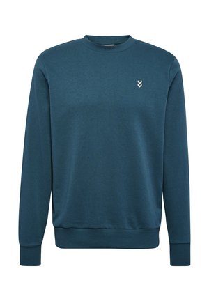 Turquoise sweatshirt met lange mouwen, ronde hals, ribbelboorden en onderrand. Bevat een klein, wit chevronlogo op de borst. Zachte textuur.