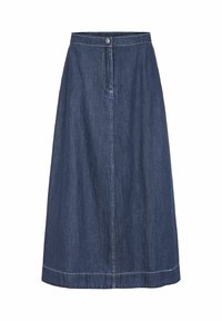 Denim krilo v temno modri barvi, A-linijska silhueta, z sprednjim gumbom, elastičnim pasom in kontrastnim šivom na robu.