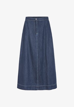Džínová sukně v tmavě modré barvě, ve tvaru A, s předním zapínáním na knoflíky, elastickým pasem a kontrastním prošitím na lemu.