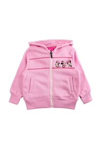 Sweat à capuche rose avec fermeture éclair, en tissu doux, doté de poignets côtelés, deux poches avant et d'un imprimé décoratif avec des personnages de dessin animé sur la poitrine.