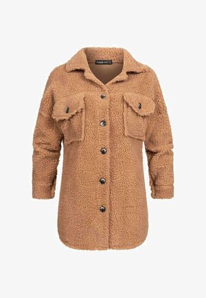 Brown fleece shirt jacket with a textured finish, featuring a pointed collar, two chest pockets, and black buttons along the front.