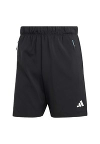 Pantalones cortos deportivos negros hechos de un tejido ligero. Cuentan con una cintura elástica, cremalleras laterales y un logo blanco en la parte inferior izquierda.