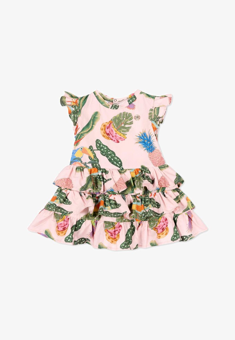 Robe rose pour tout-petit avec des volants superposés, des manches courtes et un imprimé tropical coloré de feuilles, d'ananas et de toucans.