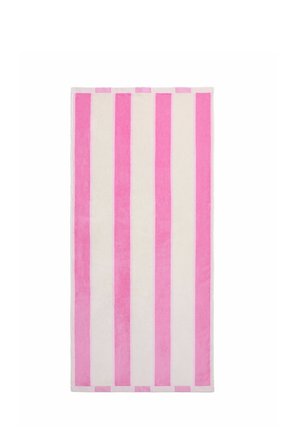 Rectangular towel with alternating vertical pink and white stripes on a plain white background.