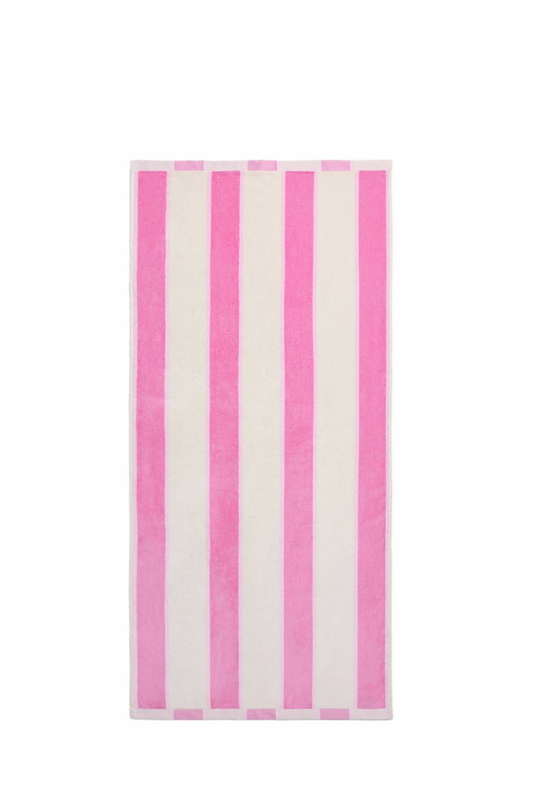 Rectangular towel with alternating vertical pink and white stripes on a plain white background.