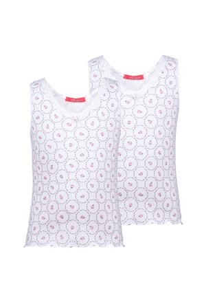 White tank tops featuring a repeating pink floral pattern, scalloped edges, and lace trim at the neckline. Two pieces included.