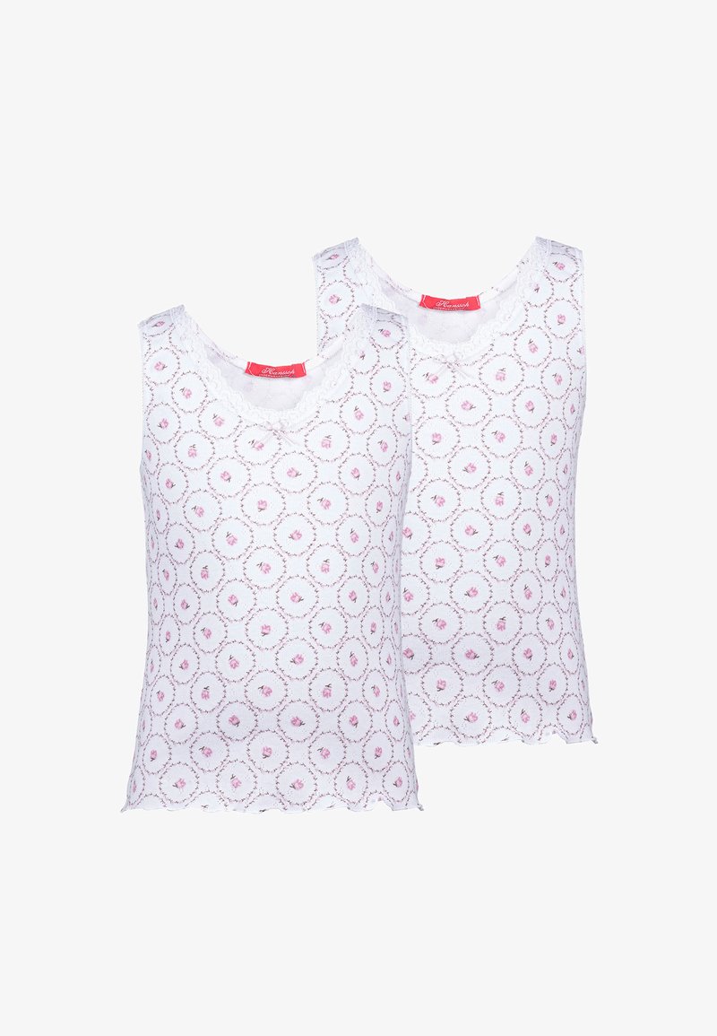 Weiße Tanktops mit einem sich wiederholenden rosa Blumenmuster, welligen Kanten und Spitzendetails am Ausschnitt. Zwei Stücke enthalten.