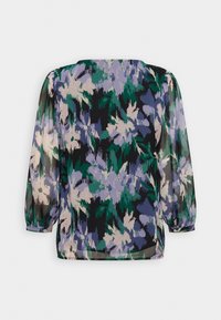 Blusa con motivo floreale e maniche lunghe e puffo. Realizzata in tessuto leggero e trasparente in tonalità di verde, viola e nero. Texture liscia.