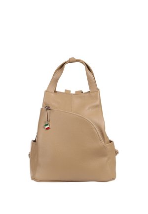 Beige leather handbag with short handles, front zip pocket with a small Italian flag charm, and side pockets.