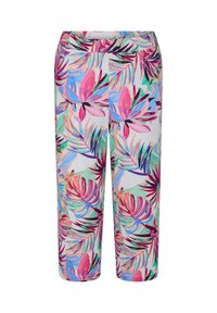 Lässig geschnittene, verkürzte Hose mit lebendigem pinkem, blauem und grünem tropischem Blumenmuster auf hellem Hintergrund.