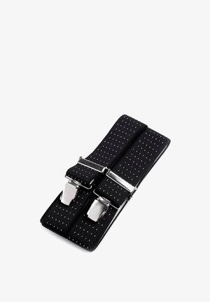 Bretelle elastiche nere con pois bianchi, dotate di clip metalliche e una superficie liscia. Lunghezza regolabile con hardware robusto.