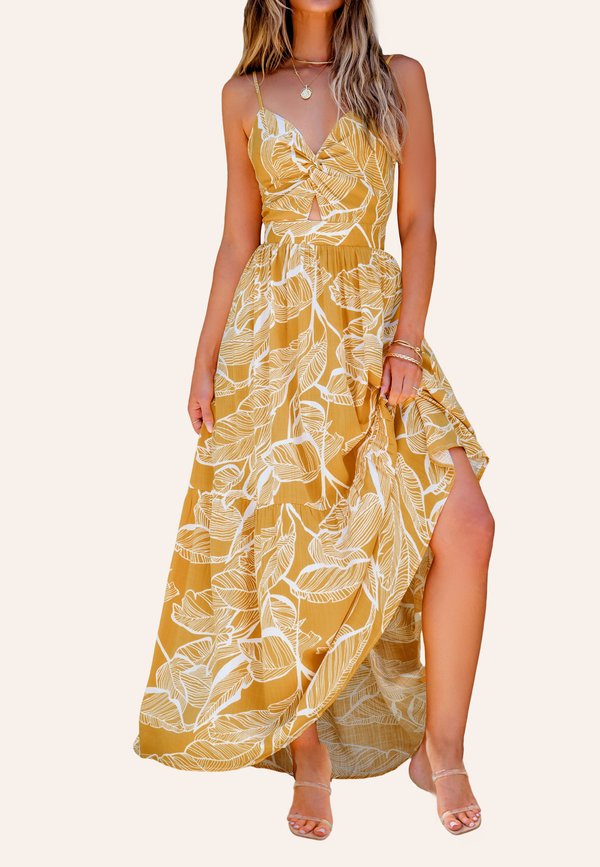 TROPICAL LEAF PLUNGING NECKLINE - Maxikleid