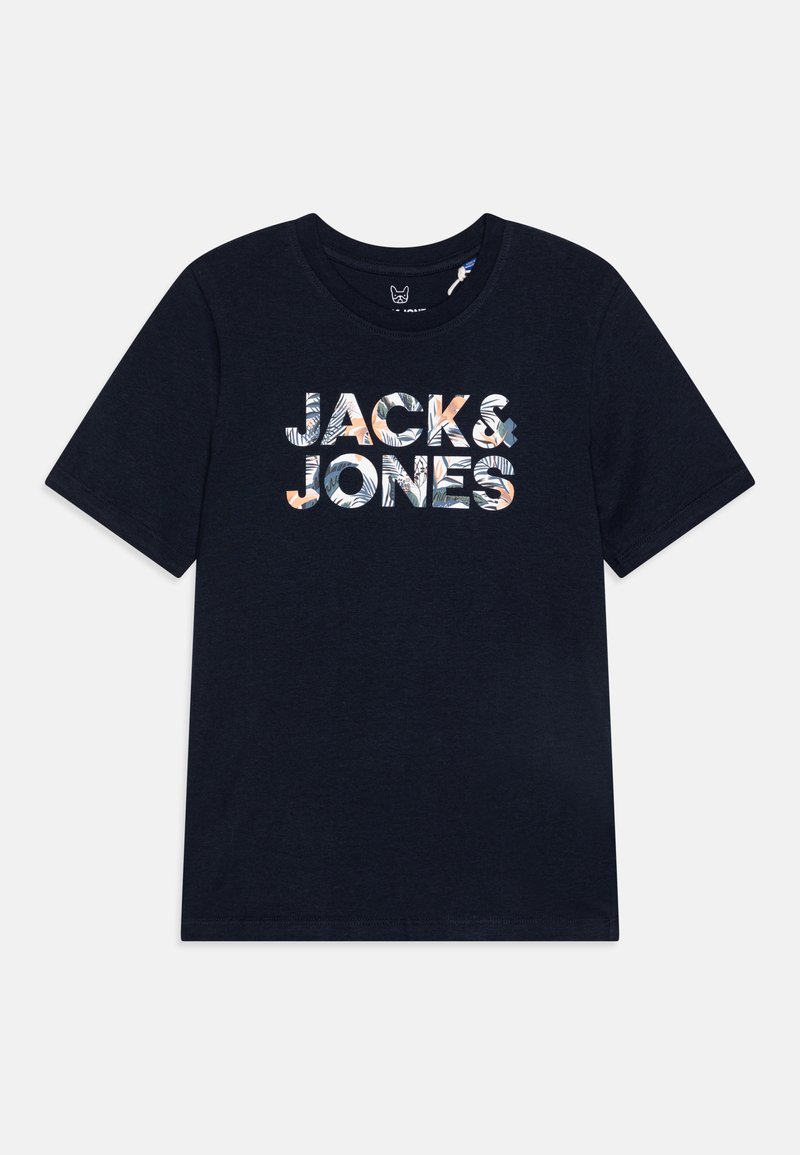 T-shirt en coton bleu marine avec "JACK & JONES" dans un motif floral multicolore. Col rond et manches courtes, texture unie.