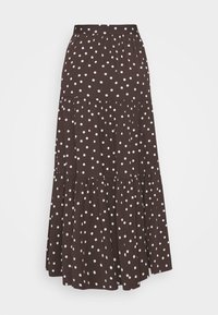 Bruine, gelaagde rok met witte stippen; elastische tailleband; vloeiende stof; knielengte met een losse pasvorm en geplooide naden.