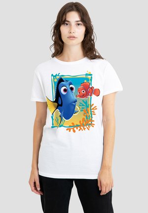 White T-shirt featuring a colorful graphic of a blue fish and an orange fish surrounded by coral-like designs. Short sleeves, relaxed fit.