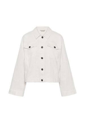 Veste en denim blanc à manches longues, fermeture boutonnée à l'avant, deux poches à rabat sur la poitrine et col classique.