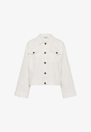 Biela rifľová bunda s dlhými rukávmi, zapínaním na gombíky vpredu, dvoma náprsníkovými vreckami s klopami a klasickým golierom.