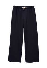 Pantalons larges bleu marine en tissu doux avec taille élastique, dotés d'un cordon de serrage et sans motifs ni accents visibles.