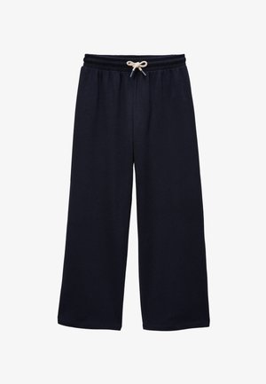 Pantalons larges bleu marine en tissu doux avec taille élastique, dotés d'un cordon de serrage et sans motifs ni accents visibles.