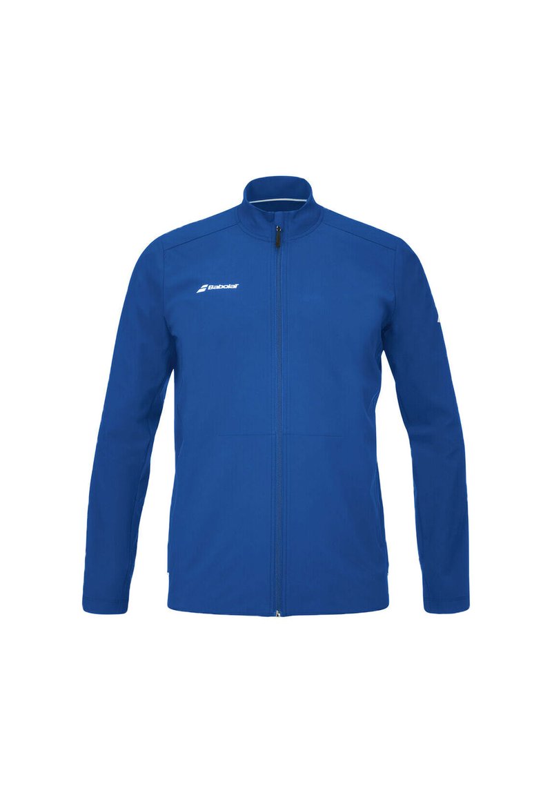 Blå fuld-zip sportsjakke med høj krave, lange ærmer og hvid Babolat-logo på venstre bryst og højre ærme.