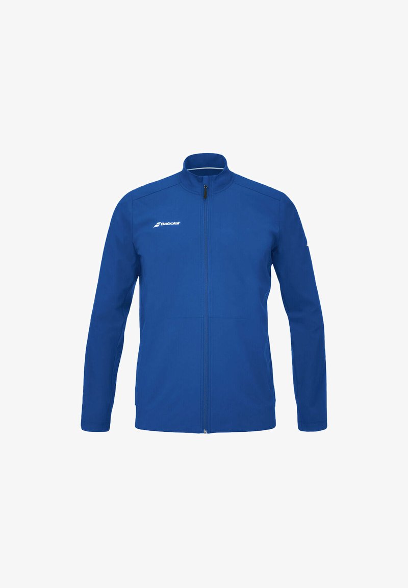 Blå fuld-zip sportsjakke med høj krave, lange ærmer og hvid Babolat-logo på venstre bryst og højre ærme.